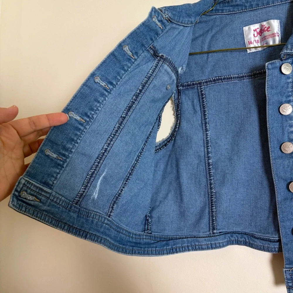 Justice Girls Blue Denim Vest Size 16/18 Distressed Raw Hem Button Up Jean